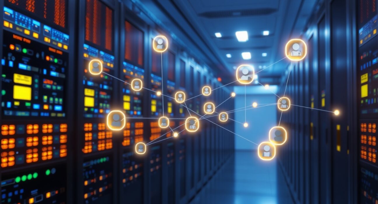 AI agents and blockchain network nodes exchanging digital micropayments in a modern server room.