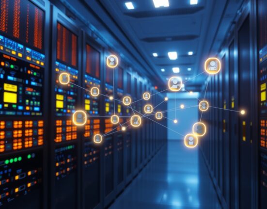 AI agents and blockchain network nodes exchanging digital micropayments in a modern server room.