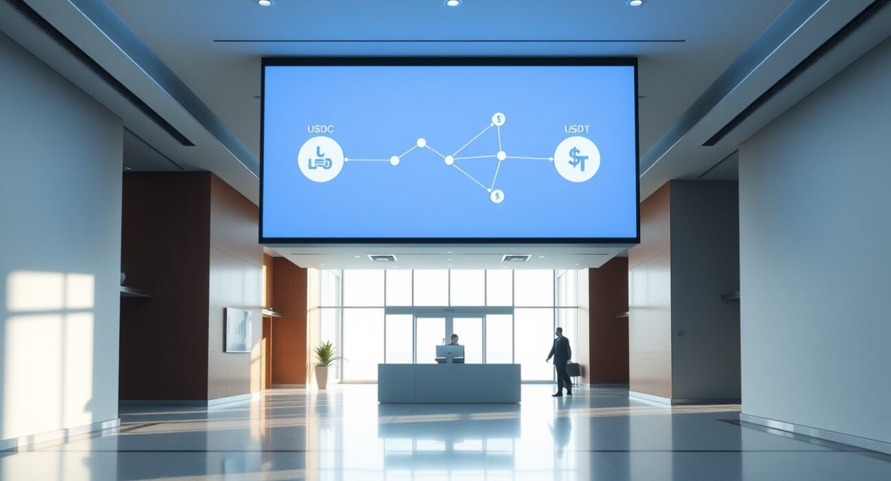 Digital display in a modern financial lobby showing blockchain network connecting to stablecoin icons