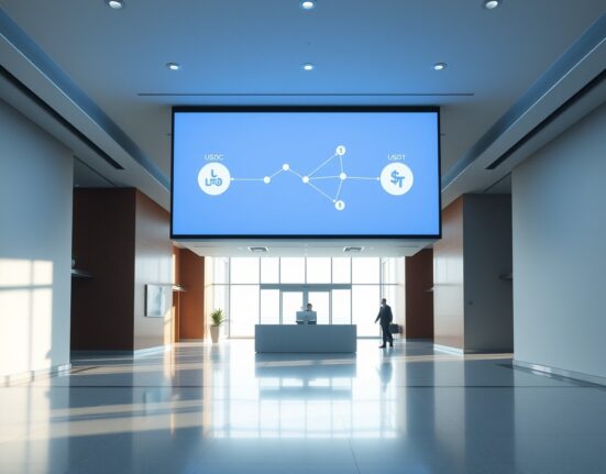 Digital display in a modern financial lobby showing blockchain network connecting to stablecoin icons