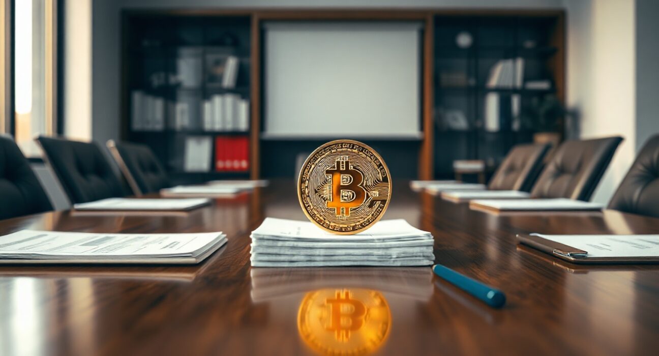 Bitcoin coin on official financial documents in a corporate boardroom setting