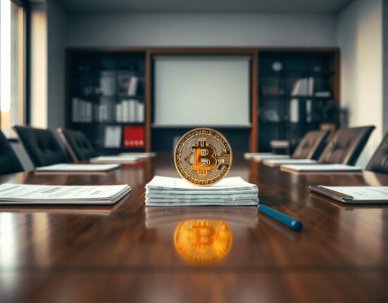 Bitcoin coin on official financial documents in a corporate boardroom setting