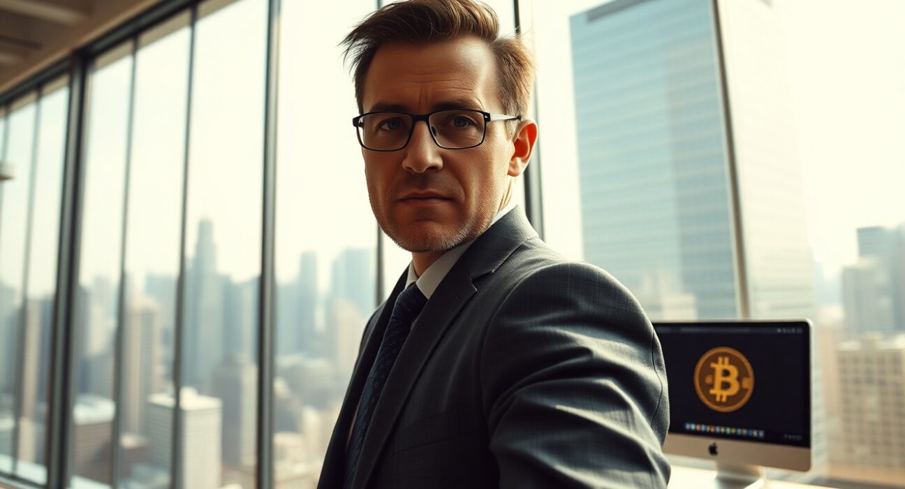 Christopher Perkins, head of Franklin Templeton's crypto division, in a professional office setting with Bitcoin imagery