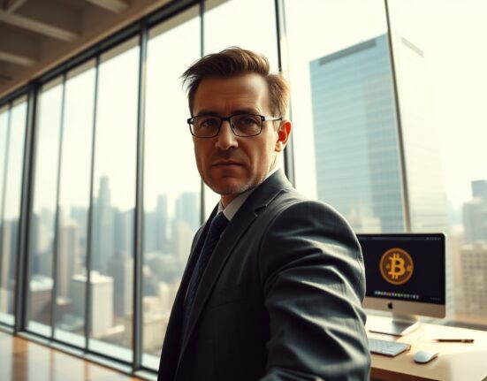 Christopher Perkins, head of Franklin Templeton's crypto division, in a professional office setting with Bitcoin imagery