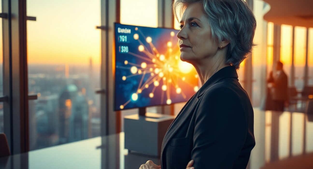 Franklin Templeton CEO Jenny Johnson in a boardroom with a blockchain network visualization on a digital screen.