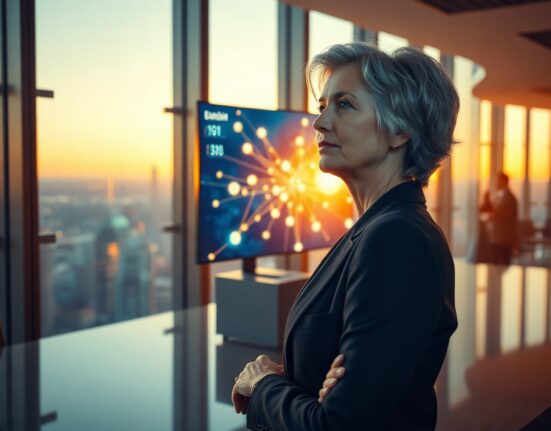 Franklin Templeton CEO Jenny Johnson in a boardroom with a blockchain network visualization on a digital screen.