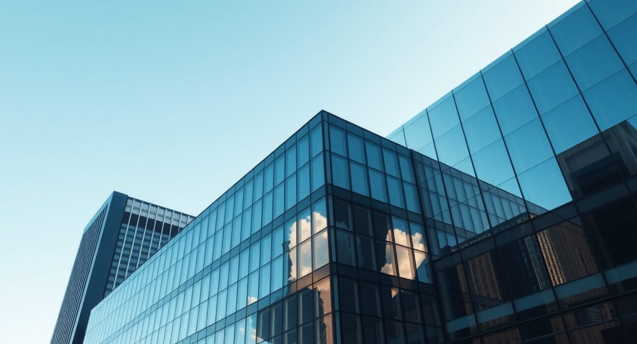 Exterior of a modern glass corporate headquarters in a financial district under a clear blue sky