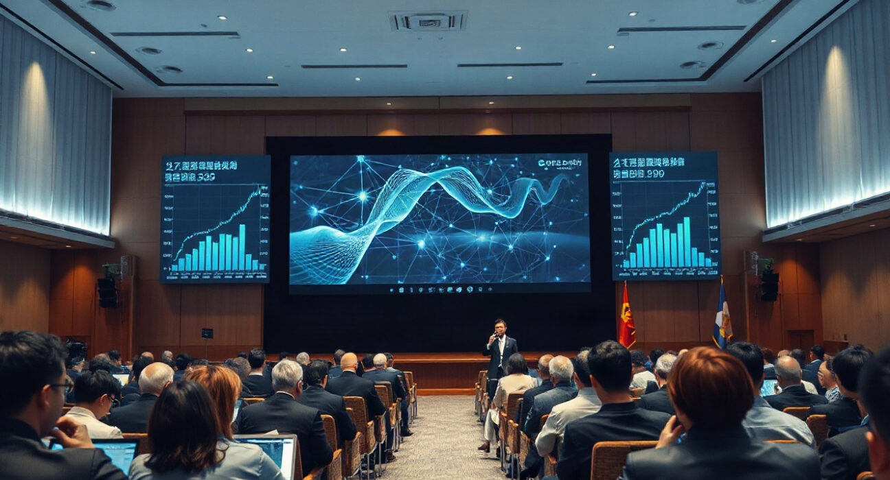 Seoul conference hall with stage displaying blockchain and financial graphics at KBW2026