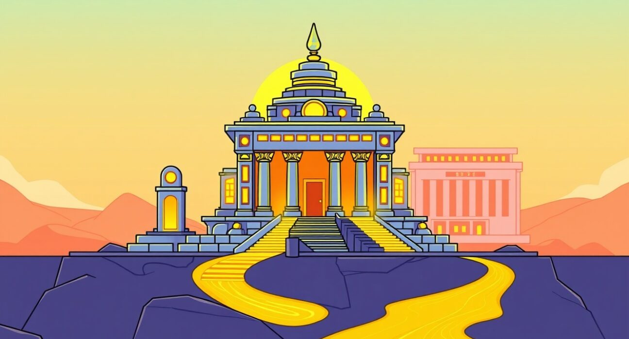 A vibrant cartoon illustration symbolizing the launch of the Franklin Templeton SOL ETF, merging traditional finance with digital asset innovation.