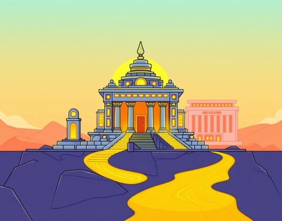 A vibrant cartoon illustration symbolizing the launch of the Franklin Templeton SOL ETF, merging traditional finance with digital asset innovation.