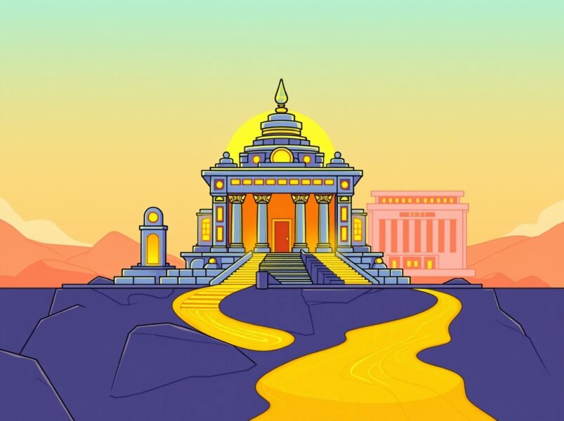 A vibrant cartoon illustration symbolizing the launch of the Franklin Templeton SOL ETF, merging traditional finance with digital asset innovation.