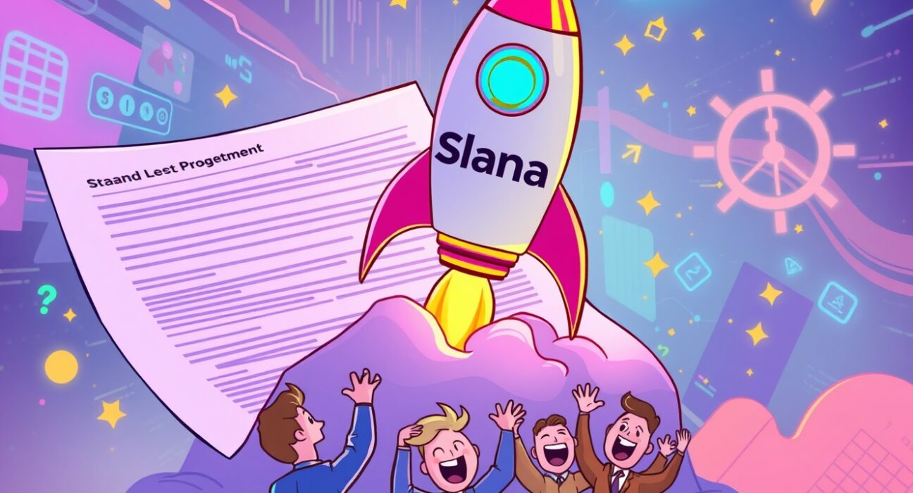 Exciting spot Solana ETF launch depicted as rocket launch with financial documents