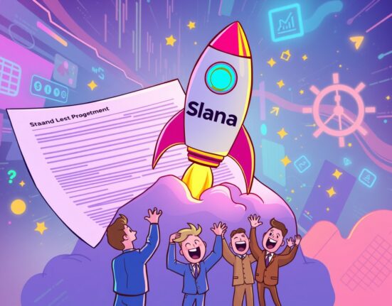 Exciting spot Solana ETF launch depicted as rocket launch with financial documents