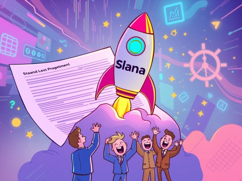 Exciting spot Solana ETF launch depicted as rocket launch with financial documents