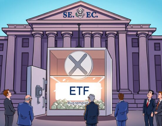 An illustration of Franklin Templeton's pivotal spot XRP ETF application progressing through regulatory channels, signaling a new era.
