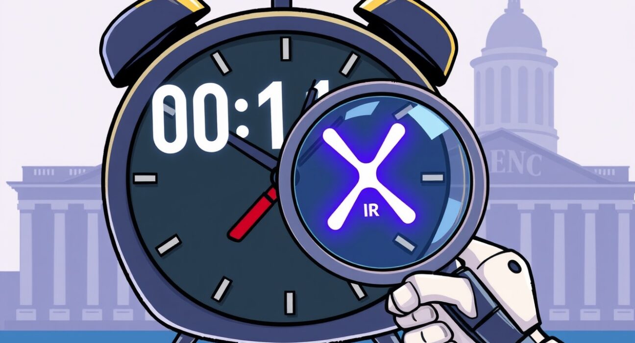 A cartoon illustration showing the SEC's extended review of the Franklin XRP ETF, highlighting market anticipation.