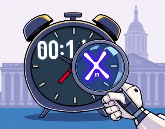 A cartoon illustration showing the SEC's extended review of the Franklin XRP ETF, highlighting market anticipation.