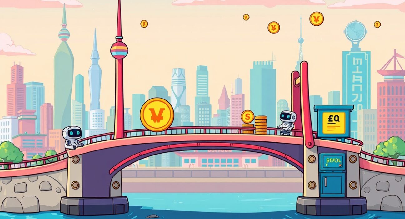 FraxNet integrates South Korean won stablecoin KRWQ in a vibrant cartoon showing a bridge between Korean finance and global DeFi.