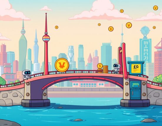 FraxNet integrates South Korean won stablecoin KRWQ in a vibrant cartoon showing a bridge between Korean finance and global DeFi.