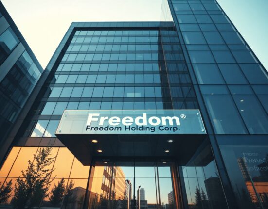 Exterior of a modern corporate office building, symbolizing Freedom Holding Corp's financial growth.