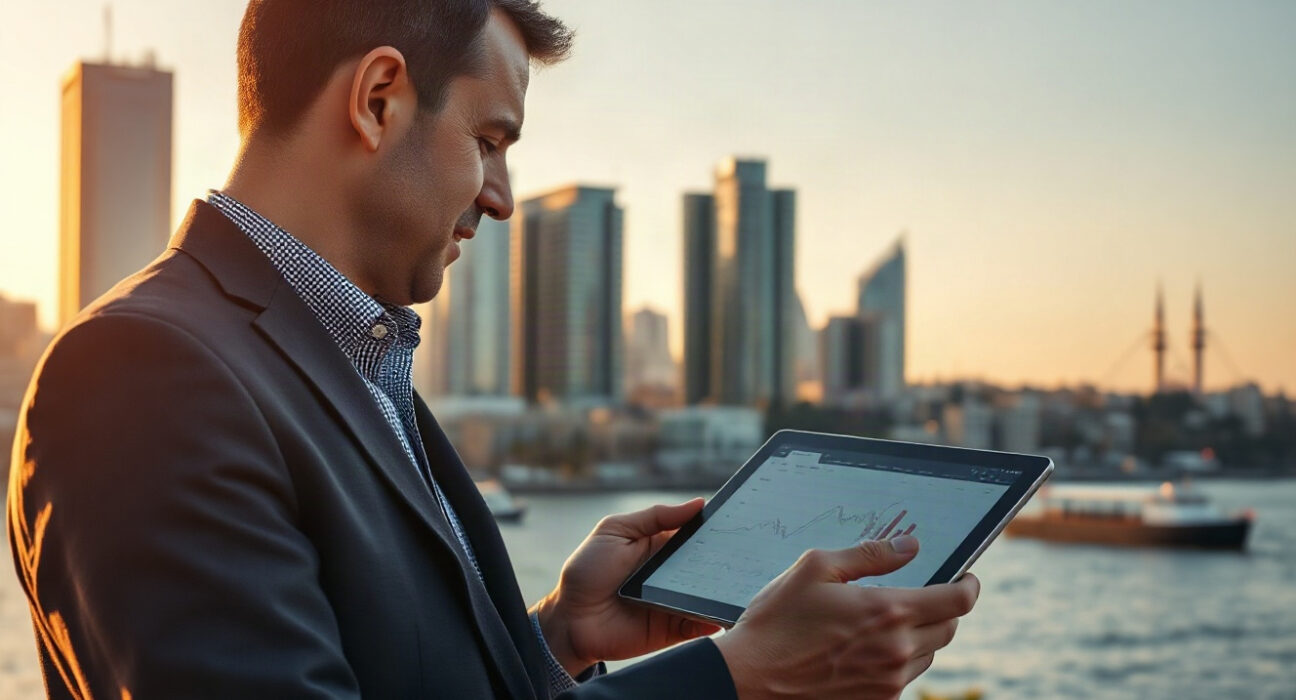 Istanbul skyline at golden hour with businessperson reviewing financial charts on tablet