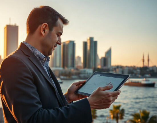 Istanbul skyline at golden hour with businessperson reviewing financial charts on tablet