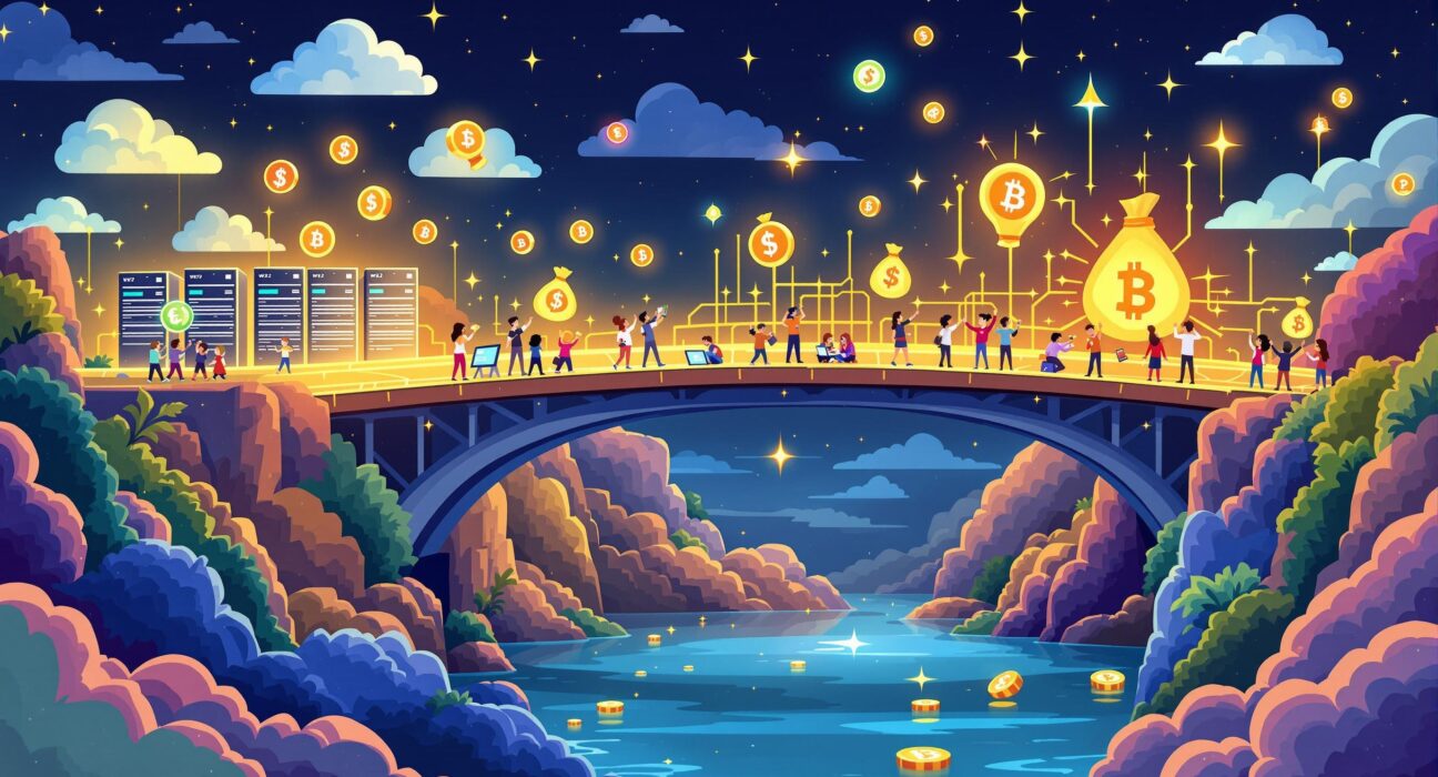 A cartoon illustration showing the exciting growth and investment in Web3 domains, with digital assets flowing into a decentralized network.