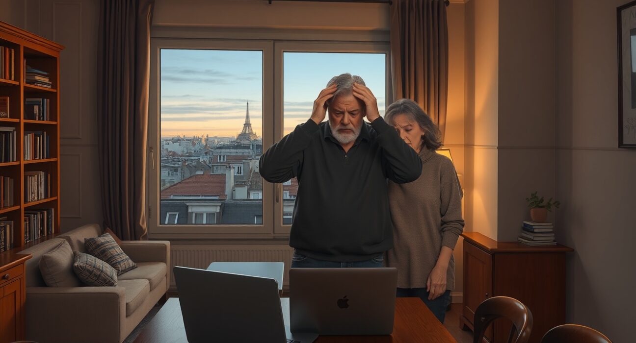 Distressed French couple after a Bitcoin robbery by fake police officers in their Paris home.