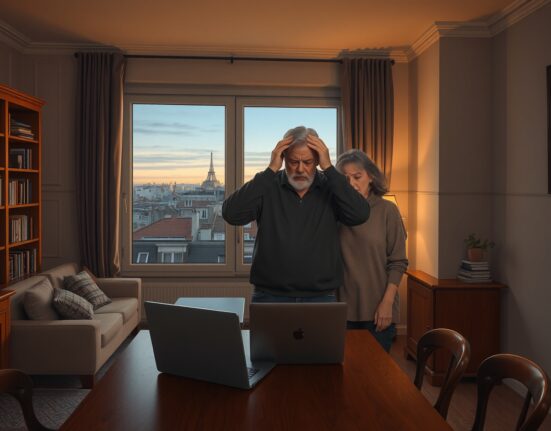 Distressed French couple after a Bitcoin robbery by fake police officers in their Paris home.