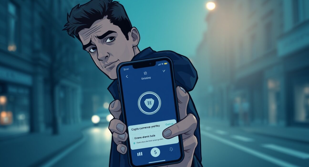 A worried crypto holder looking at a smartphone in a dimly lit French street, illustrating the threat of wrench attacks against cryptocurrency investors.
