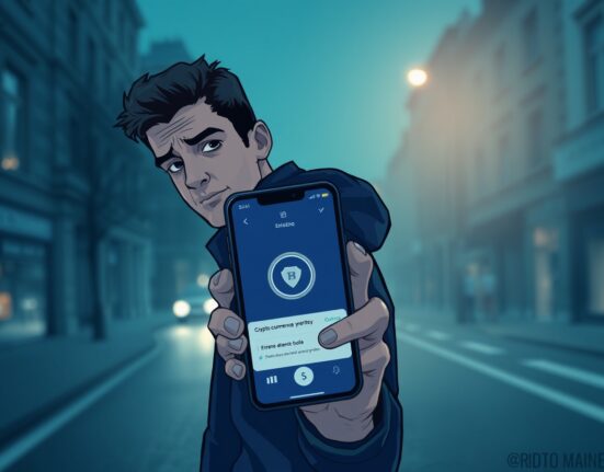 A worried crypto holder looking at a smartphone in a dimly lit French street, illustrating the threat of wrench attacks against cryptocurrency investors.