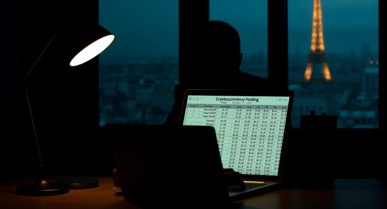 A silhouette of a person at a laptop displaying cryptocurrency data, representing the French crypto kidnappings linked to a tax data leak.