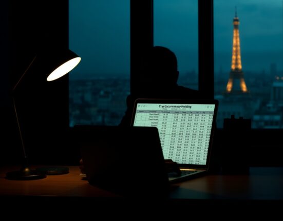 A silhouette of a person at a laptop displaying cryptocurrency data, representing the French crypto kidnappings linked to a tax data leak.