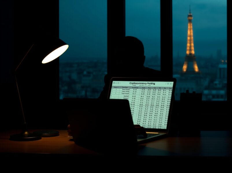 A silhouette of a person at a laptop displaying cryptocurrency data, representing the French crypto kidnappings linked to a tax data leak.