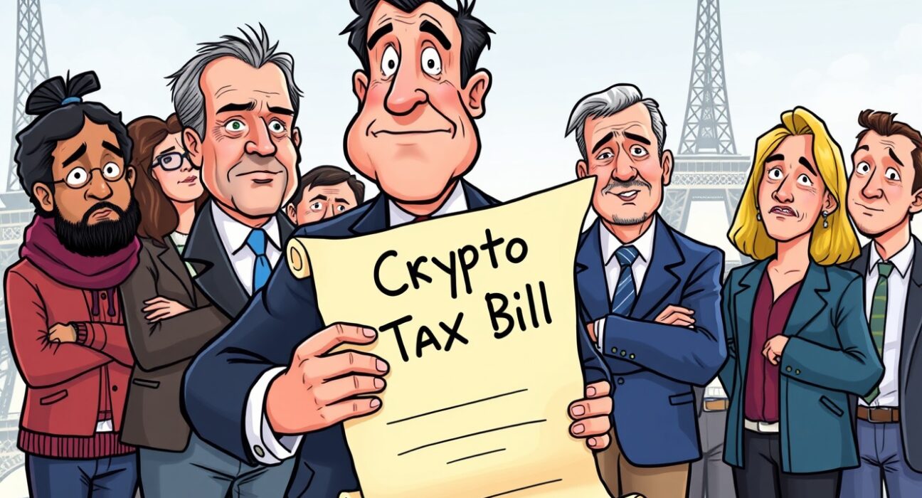 Cartoon showing a French politician introducing a French crypto tax bill, symbolizing new regulations for digital assets.