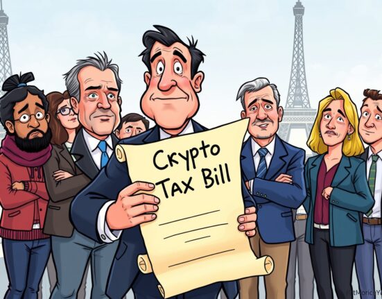 Cartoon showing a French politician introducing a French crypto tax bill, symbolizing new regulations for digital assets.