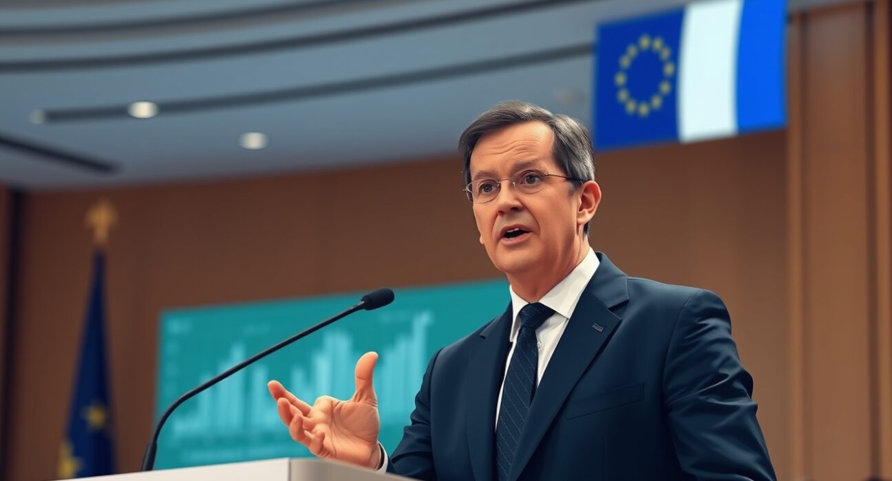 French Finance Minister Roland Lescure speaking about euro stablecoins at a Paris cryptocurrency conference.