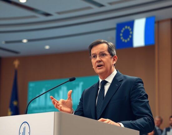 French Finance Minister Roland Lescure speaking about euro stablecoins at a Paris cryptocurrency conference.