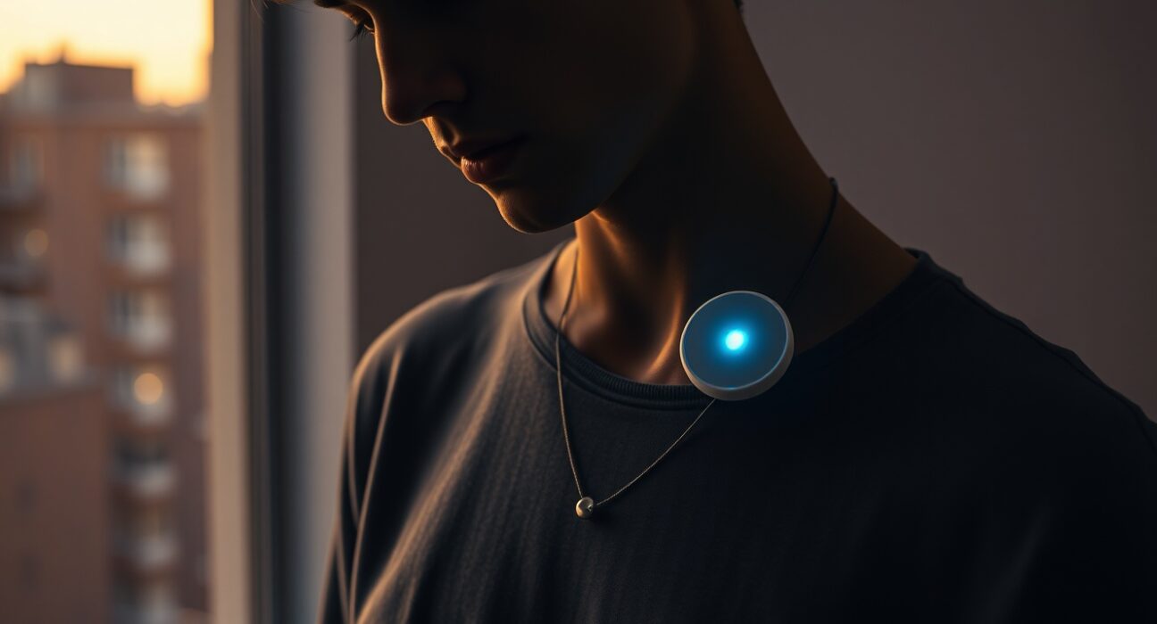 Person wearing the Friend AI wearable necklace device in a dimly lit apartment