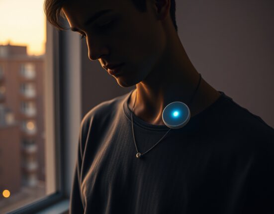 Person wearing the Friend AI wearable necklace device in a dimly lit apartment