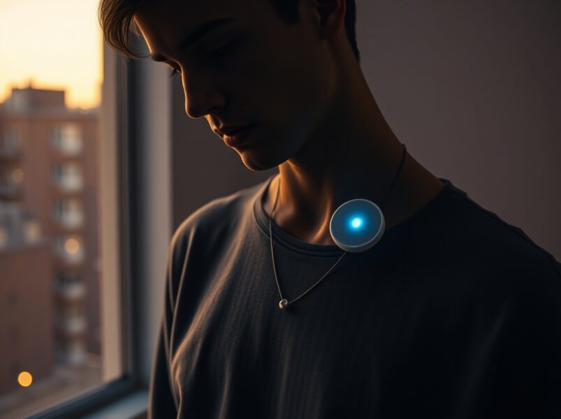 Person wearing the Friend AI wearable necklace device in a dimly lit apartment