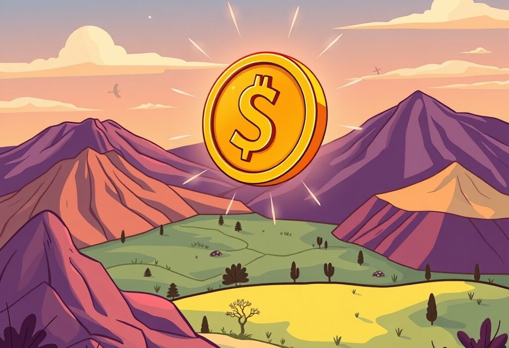 A vibrant cartoon illustration showing the innovative FRNT stablecoin, backed by US dollars, launching and supporting Wyoming's future.