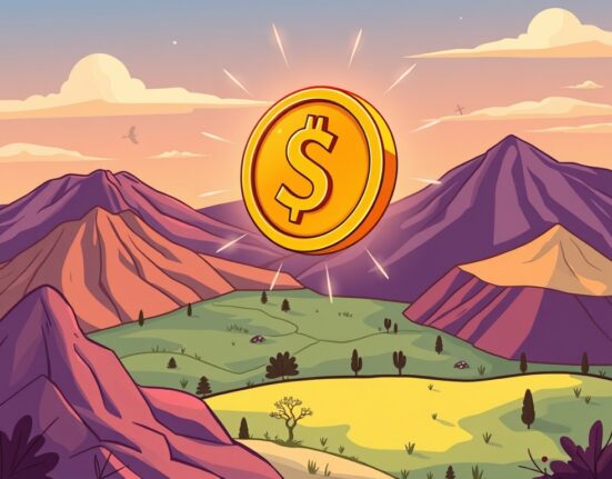 A vibrant cartoon illustration showing the innovative FRNT stablecoin, backed by US dollars, launching and supporting Wyoming's future.