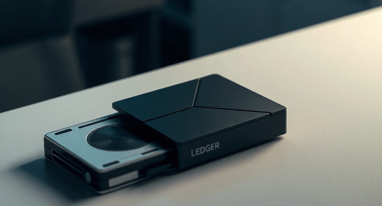 A hardware wallet and a graphics card on a desk, representing Bitcoin storage and the story of a large early Bitcoin purchase.