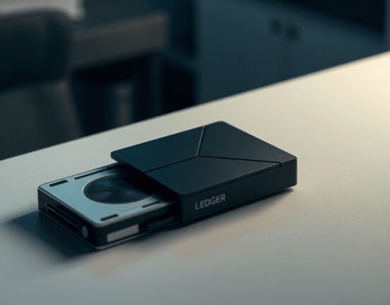 A hardware wallet and a graphics card on a desk, representing Bitcoin storage and the story of a large early Bitcoin purchase.