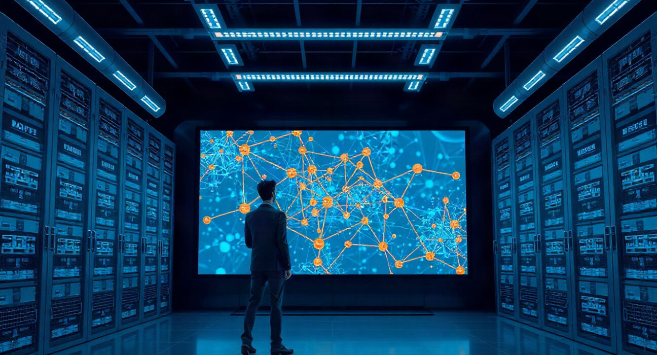 Engineer monitoring AI systems in a data center control room, representing AI safety and containment planning.