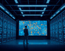 Engineer monitoring AI systems in a data center control room, representing AI safety and containment planning.