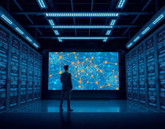 Engineer monitoring AI systems in a data center control room, representing AI safety and containment planning.