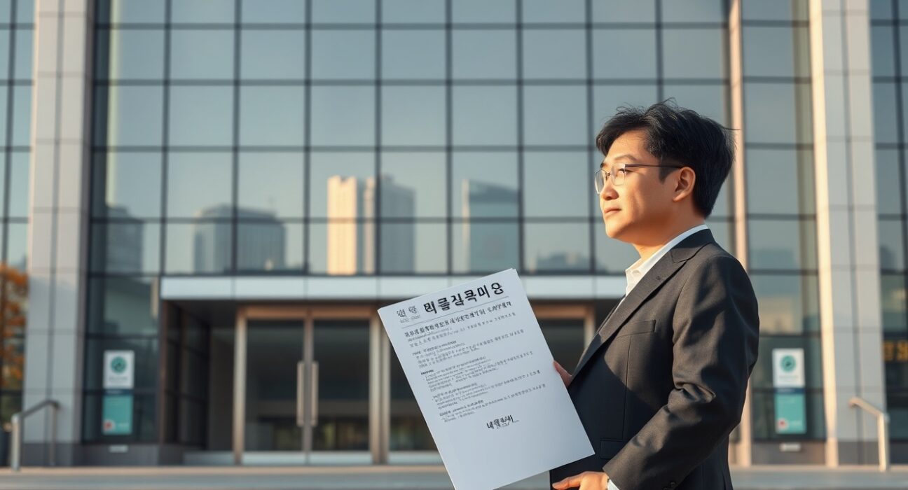 South Korean FSC regulator holding digital asset legislation documents outside government building in Seoul