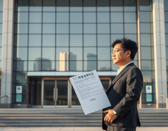 South Korean FSC regulator holding digital asset legislation documents outside government building in Seoul